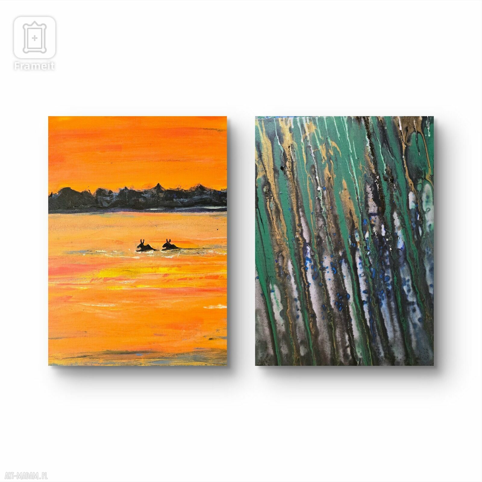 Kompozycja prac na płótnie: leśny pejzaż Podlasia z łosiami, 50x40x1 cm