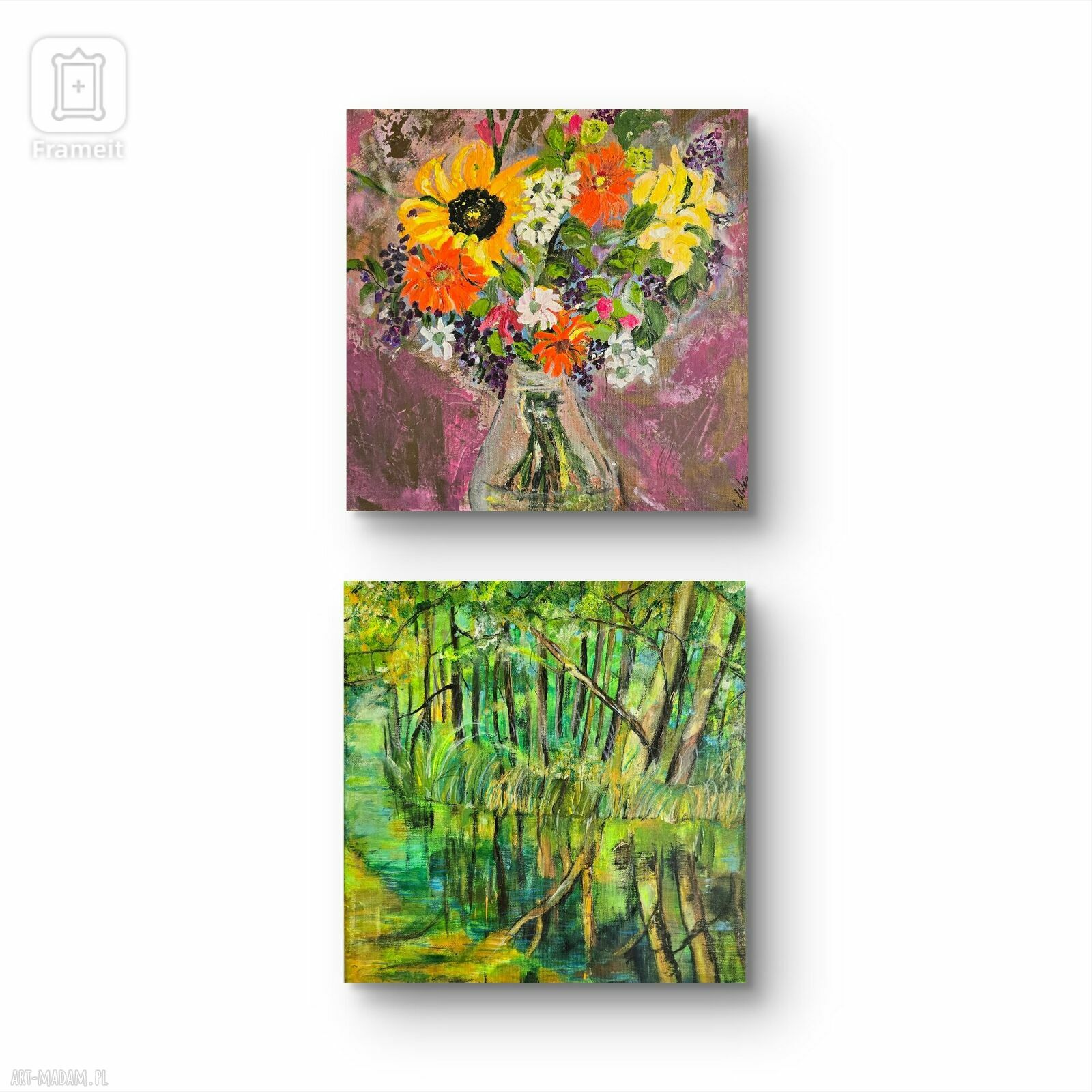 Kompozycja obrazów na płótnie 40x40x2 cm - Las natura, ręcznie malowana (akryl)