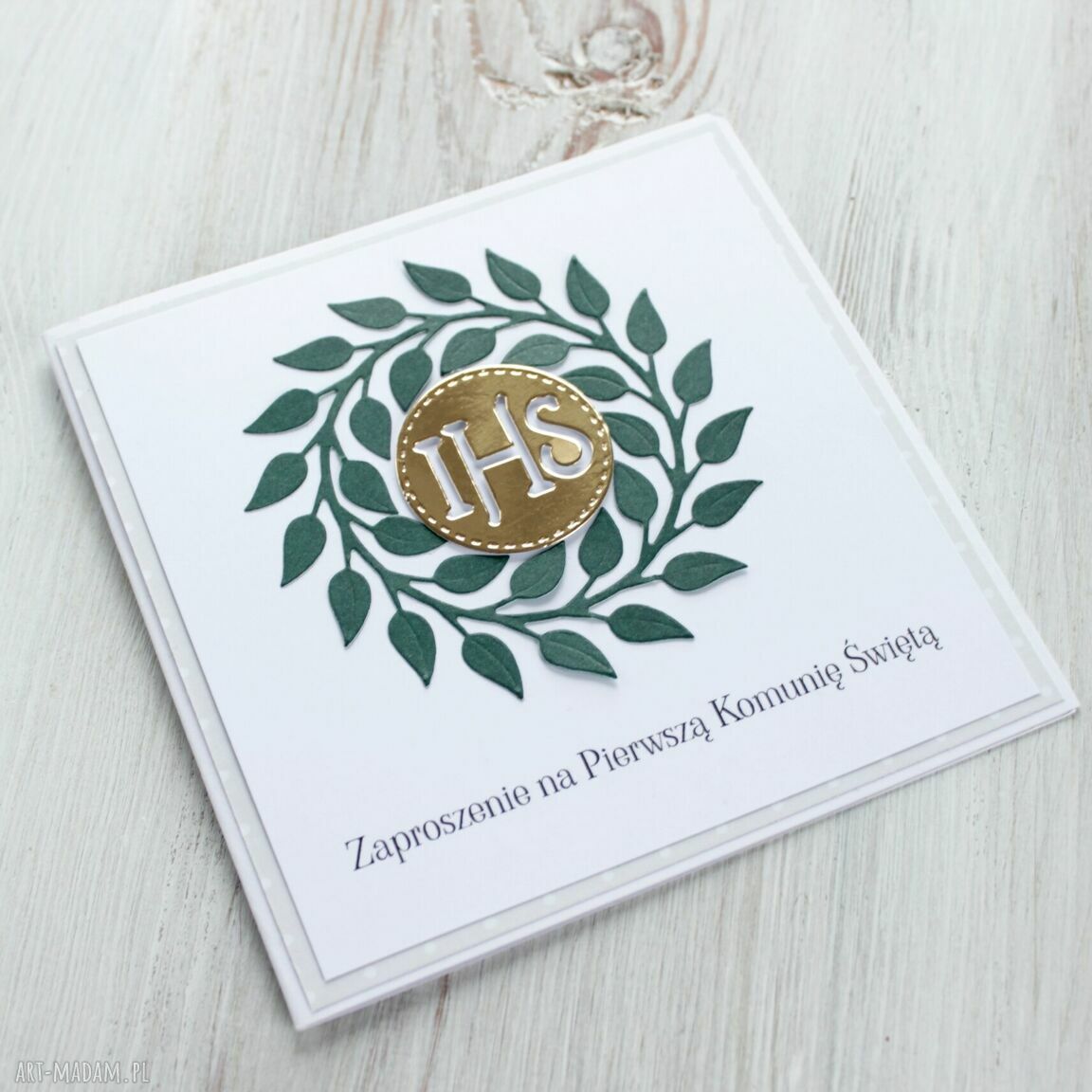 święta upominki: Zaproszenia na komunię wianek złota hostia Hand Made