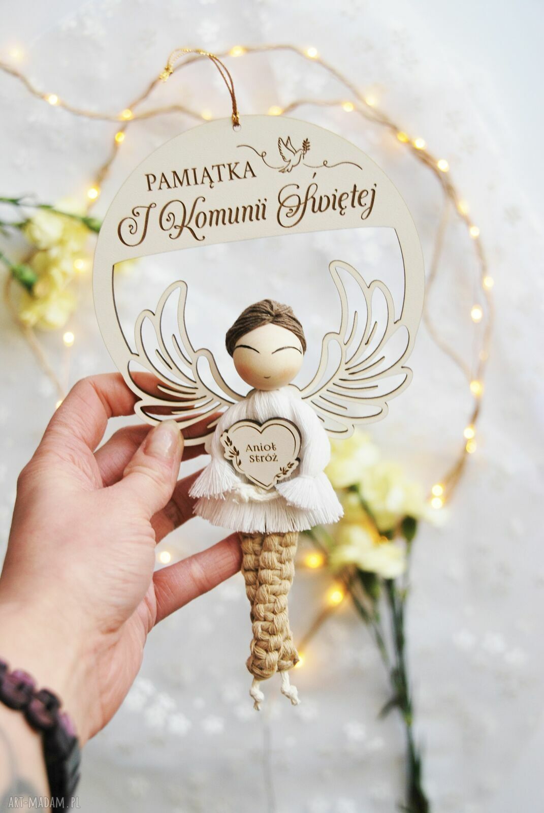 Pamiątka Komunii dla chłopca - Anioł Stróż na obręczy, prezent komunijny