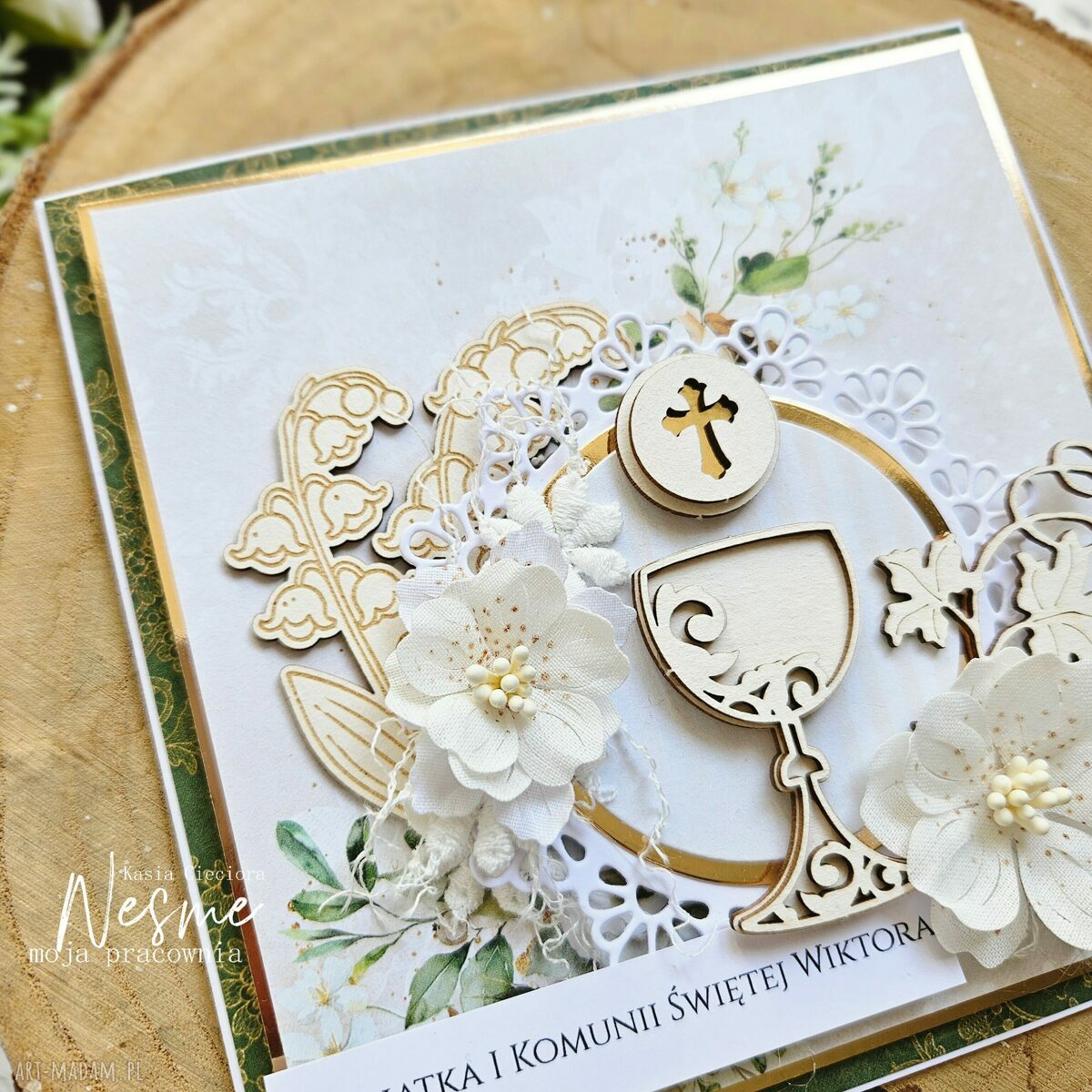 Pamiątka Pierwszej Komunii Świętej - kartka scrapbooking z kielichem i konwaliami