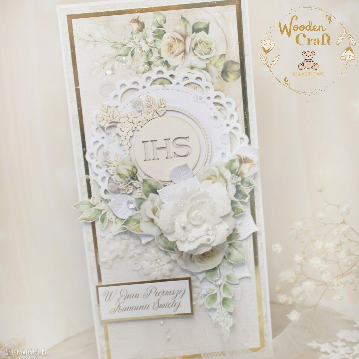 Kartka komunijna White Roses 1 - pamiątka Pierwszej Komunii w białym pudełeczku z okienkiem