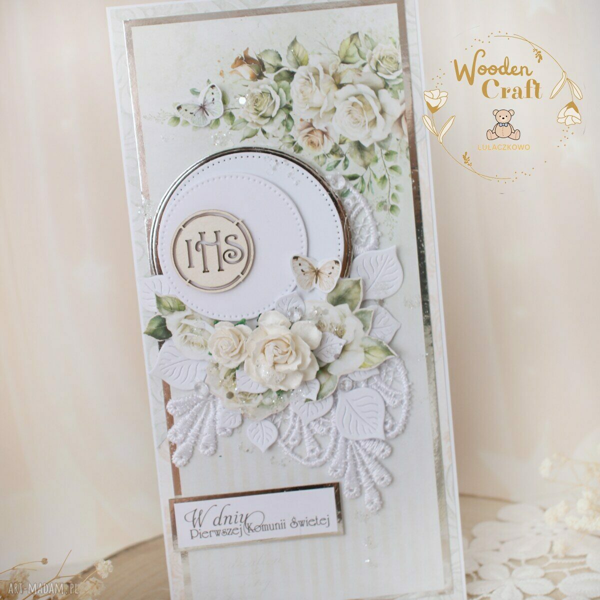 Ręcznie robiona kartka komunijna White Roses5 - białe pudełeczko z okienkiem