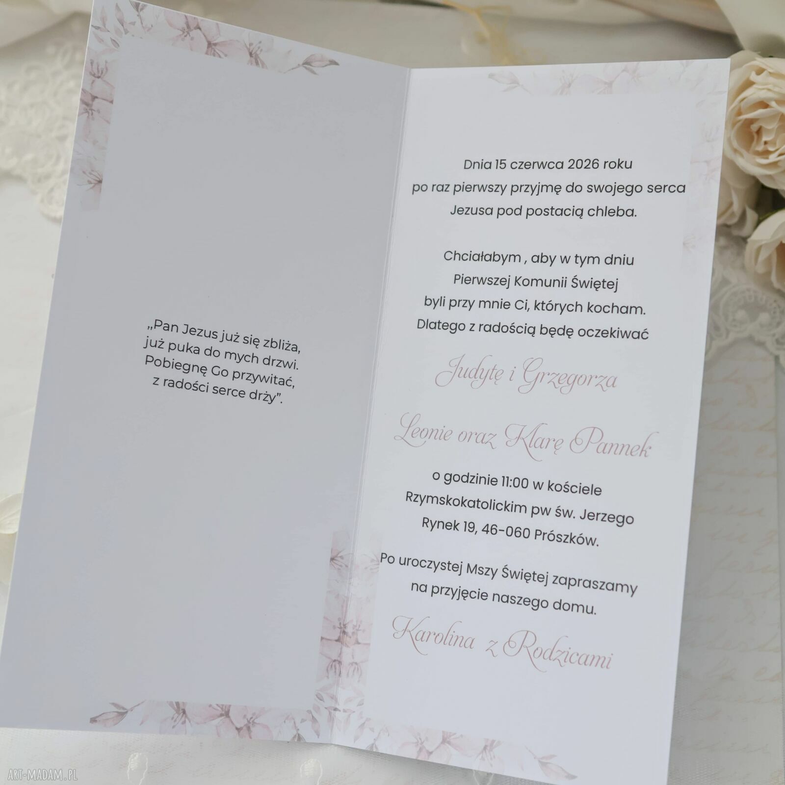 Zaproszenia komunijne dla dziewczynki - 5 szt biało-różowe (personalizowane)