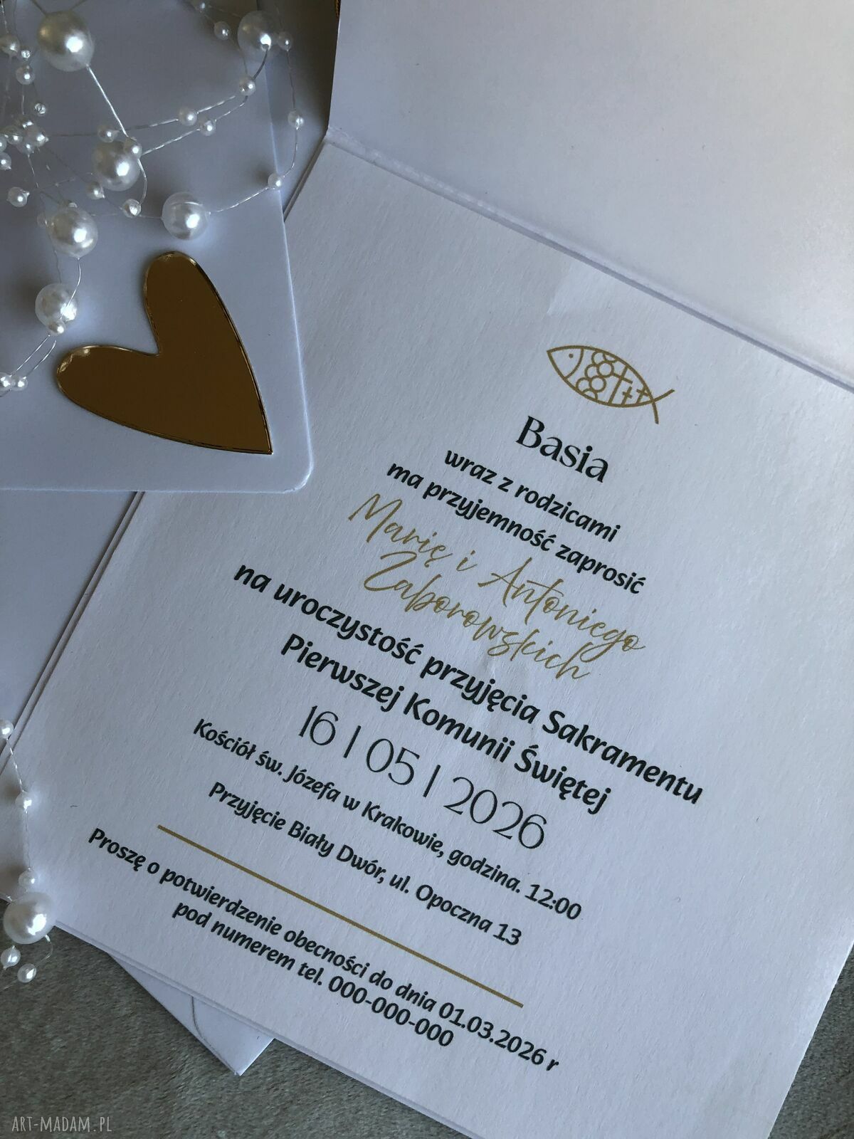 Zaproszenie na Komunię Świętą z hostią - kraft i biel, personalizacja GRATIS