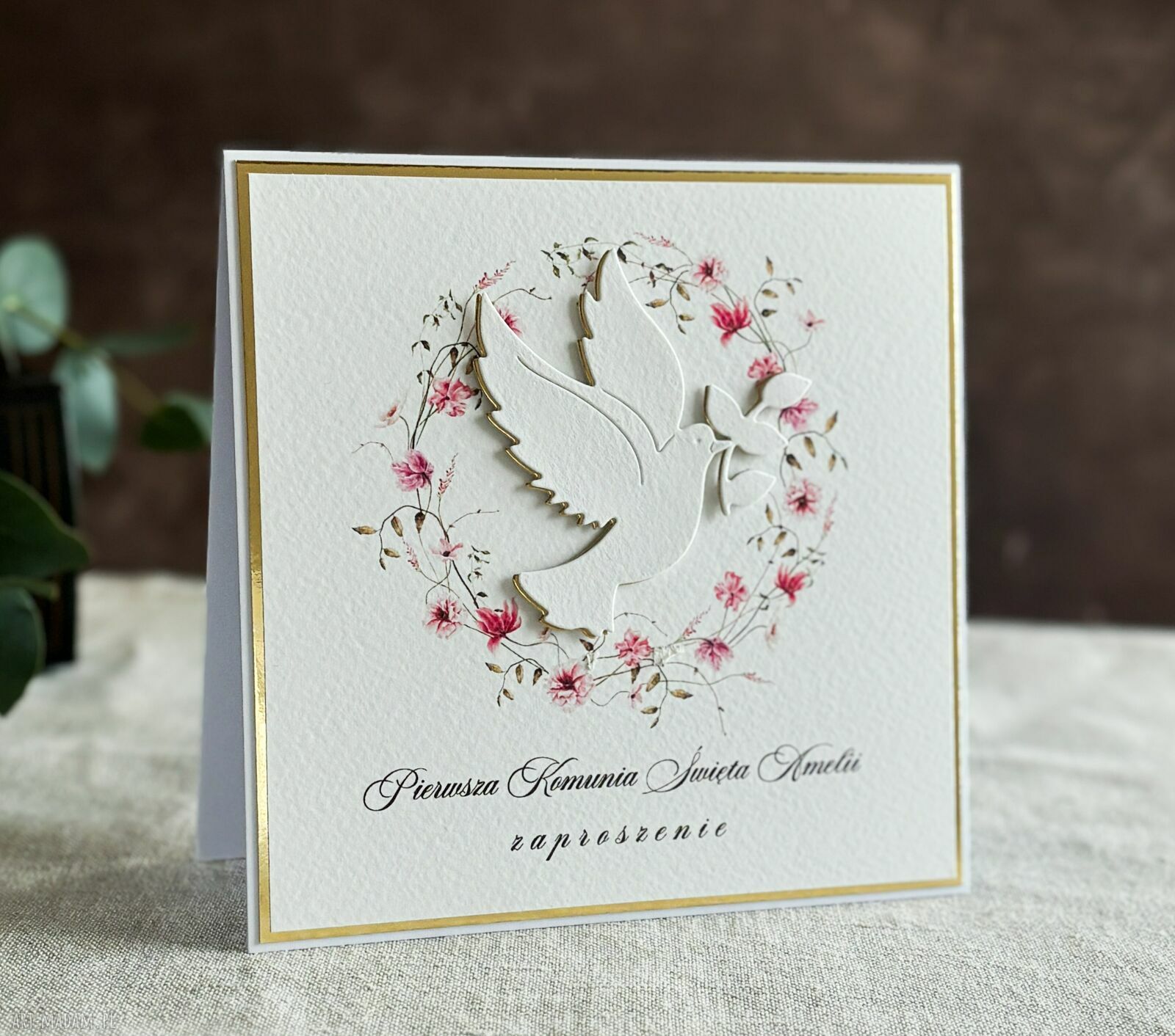 Zaproszenia komunijne ręcznie robione - wzór 58, białe i złote, personalizowane