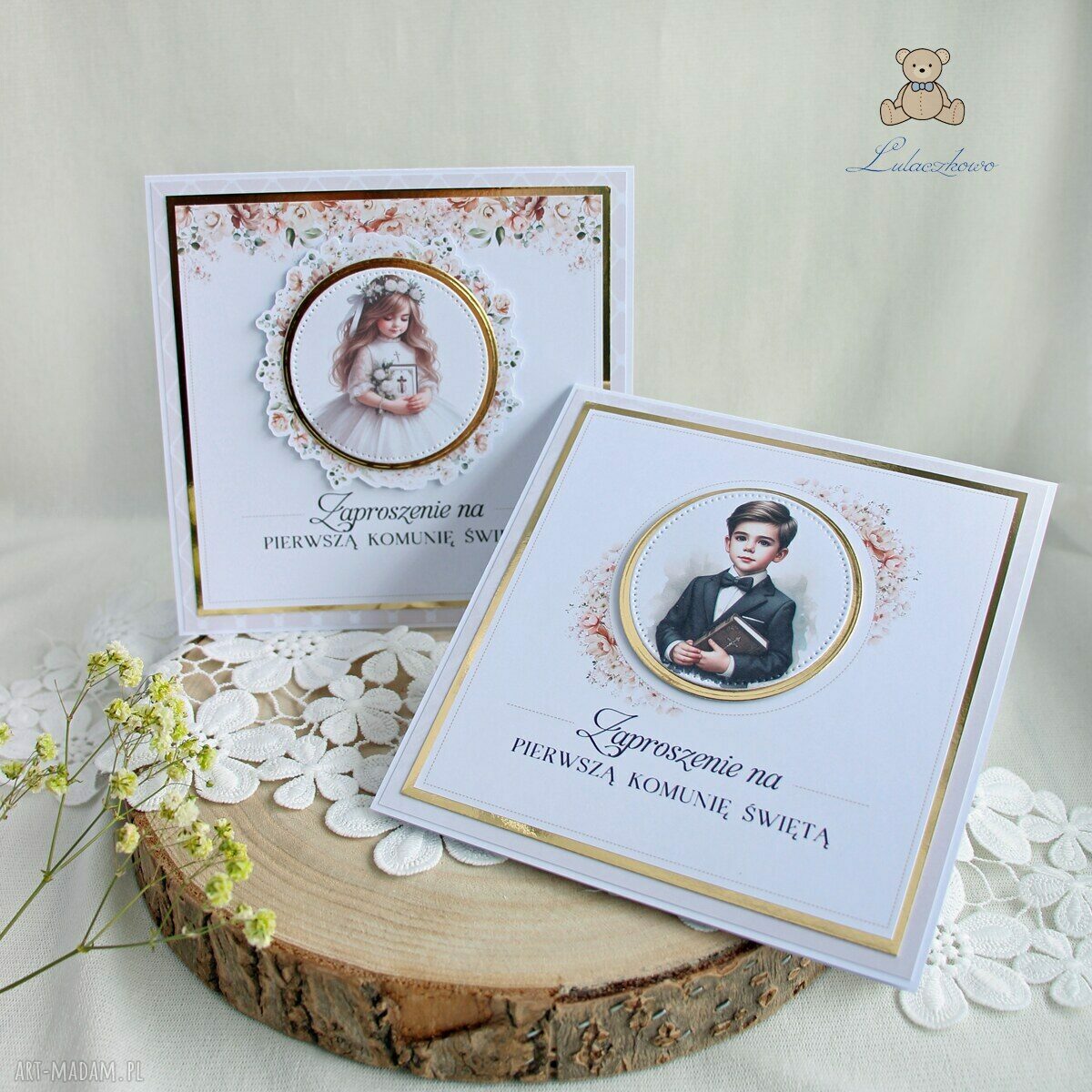 Zaproszenia komunijne „Peach Flower Girl” - 16 szt, ręcznie robione i personalizowane