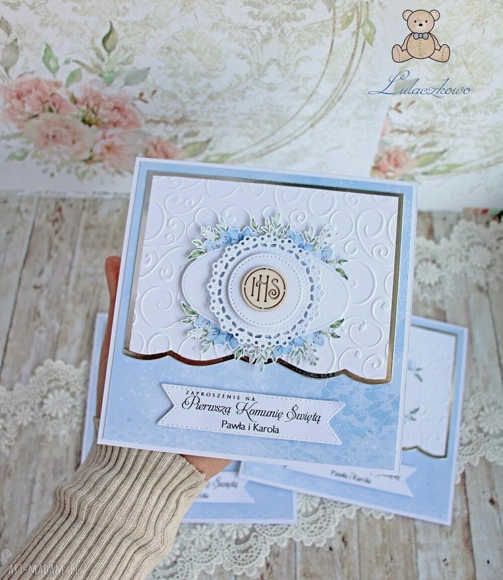 Zaproszenia komunijne Blue Pearl na I Komunię Świętą (16 szt) - personalizowane, handmade