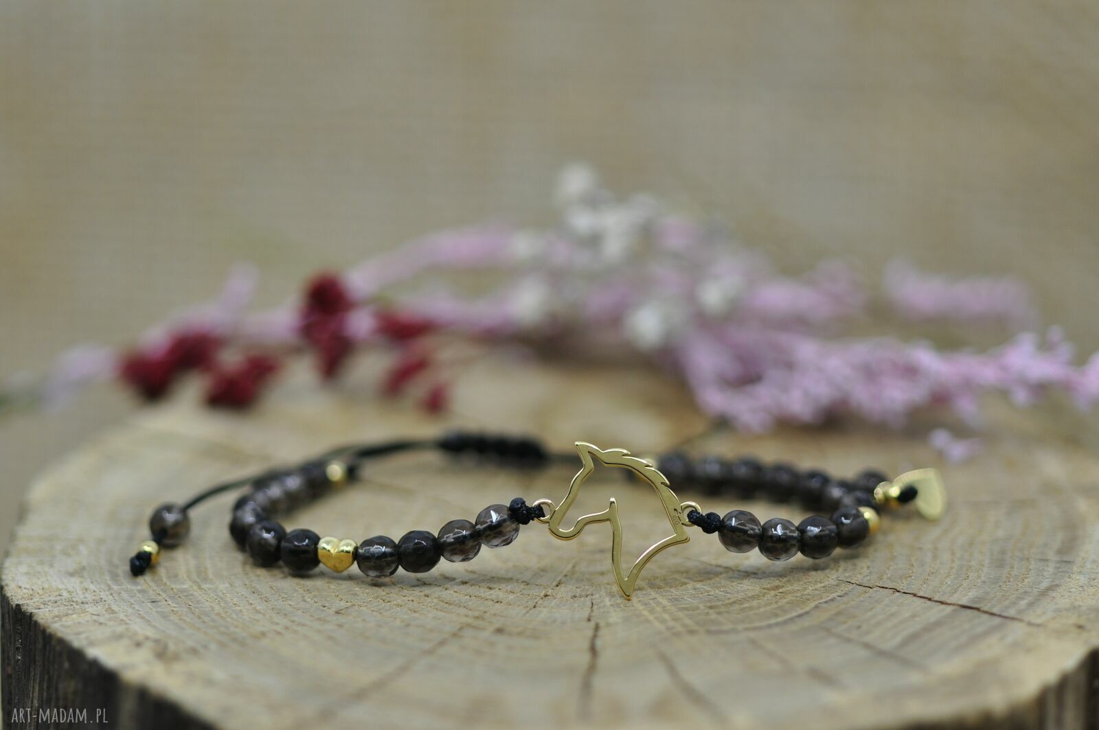 Bransoletka z koniem i kwarcem dymnym - handmade ze srebra 925