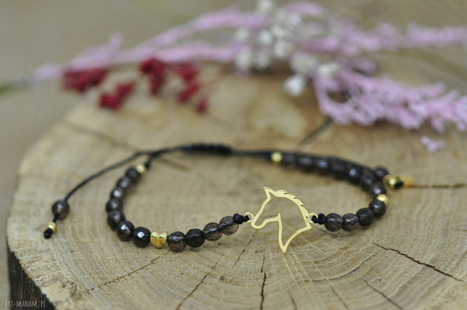 Bransoletka z koniem i kwarcem dymnym - handmade ze srebra 925
