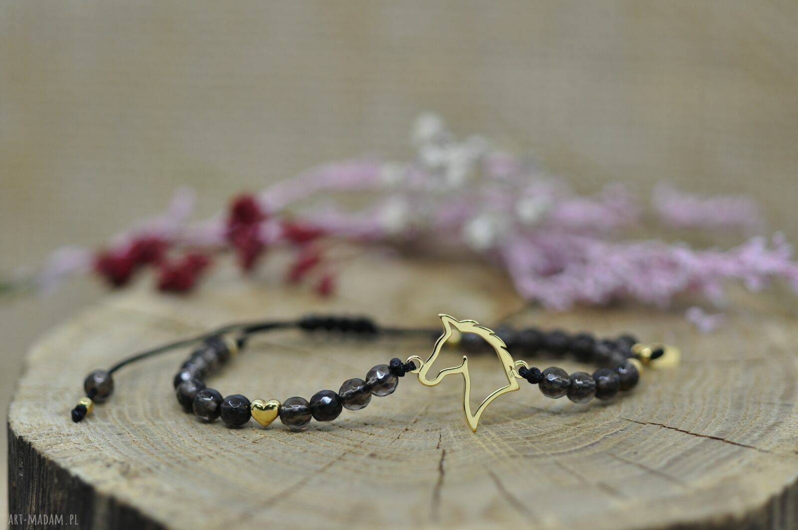 Bransoletka z koniem i kwarcem dymnym - handmade ze srebra 925