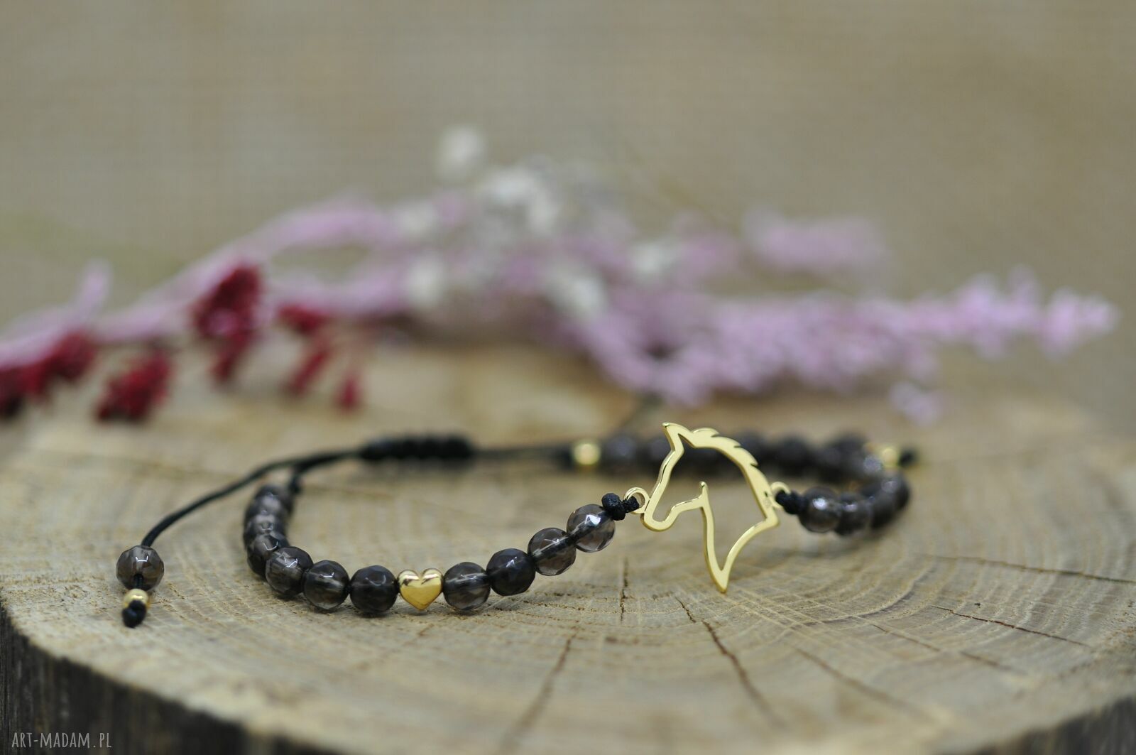 Bransoletka z koniem i kwarcem dymnym - handmade ze srebra 925