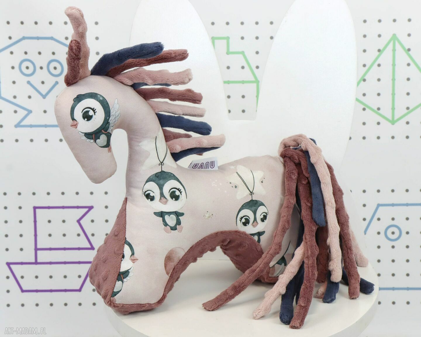 Koń Pingwinki Róż - przytulanka sensoryczna handmade dla niemowląt