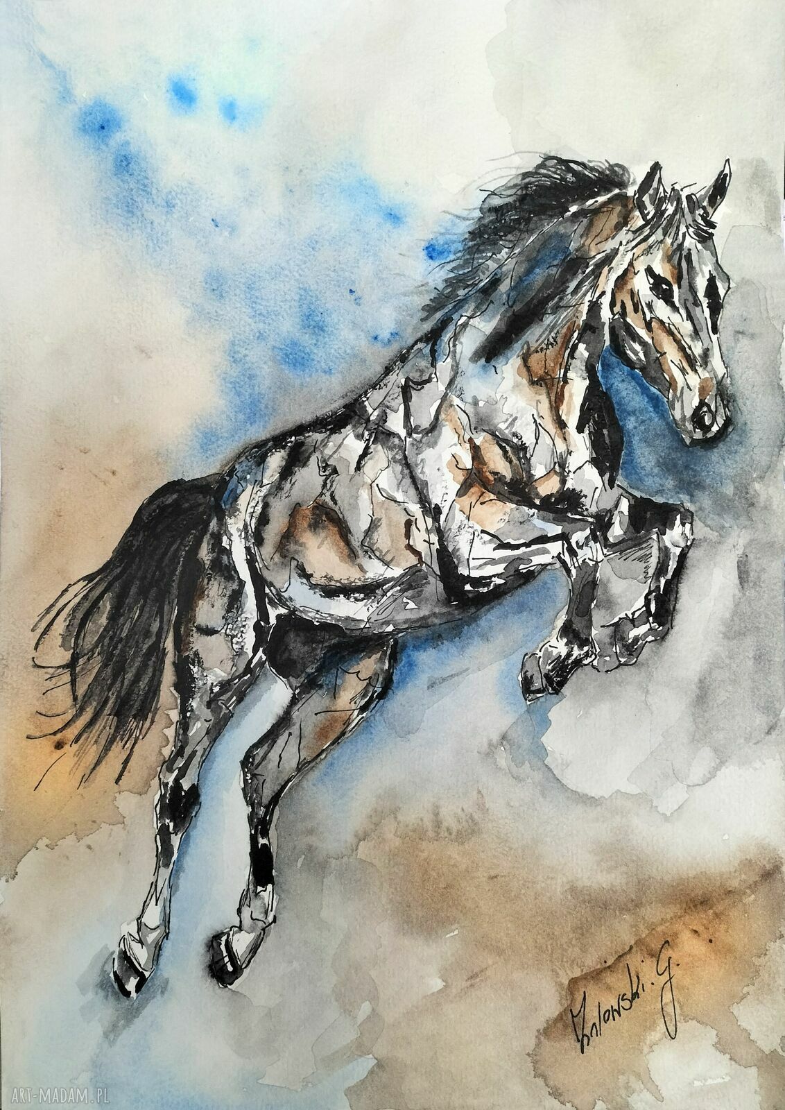 Koń w galopie - oryginalna akwarela na papierze A4