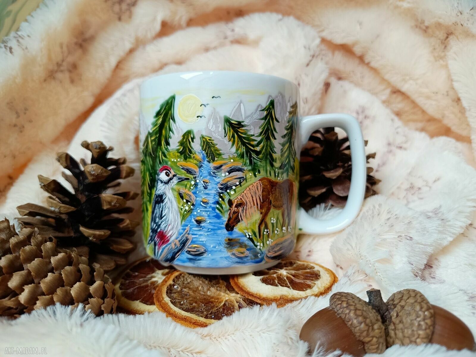 Kubek 270 ml z konikiem i dzięciołem - ręcznie malowana porcelana