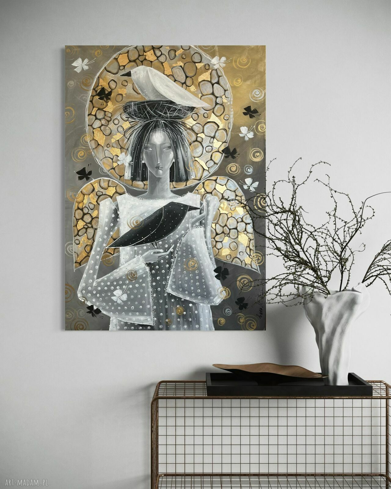 Kontrasty codzienności - oryginalny obraz akrylpainting 100x70 cm (kruk i anioł)