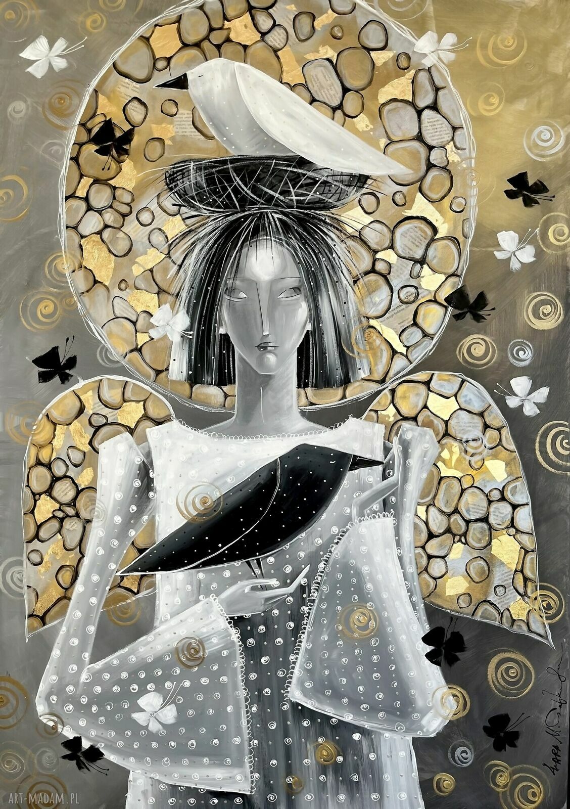 Kontrasty codzienności - oryginalny obraz akrylpainting 100x70 cm kruk i anioł