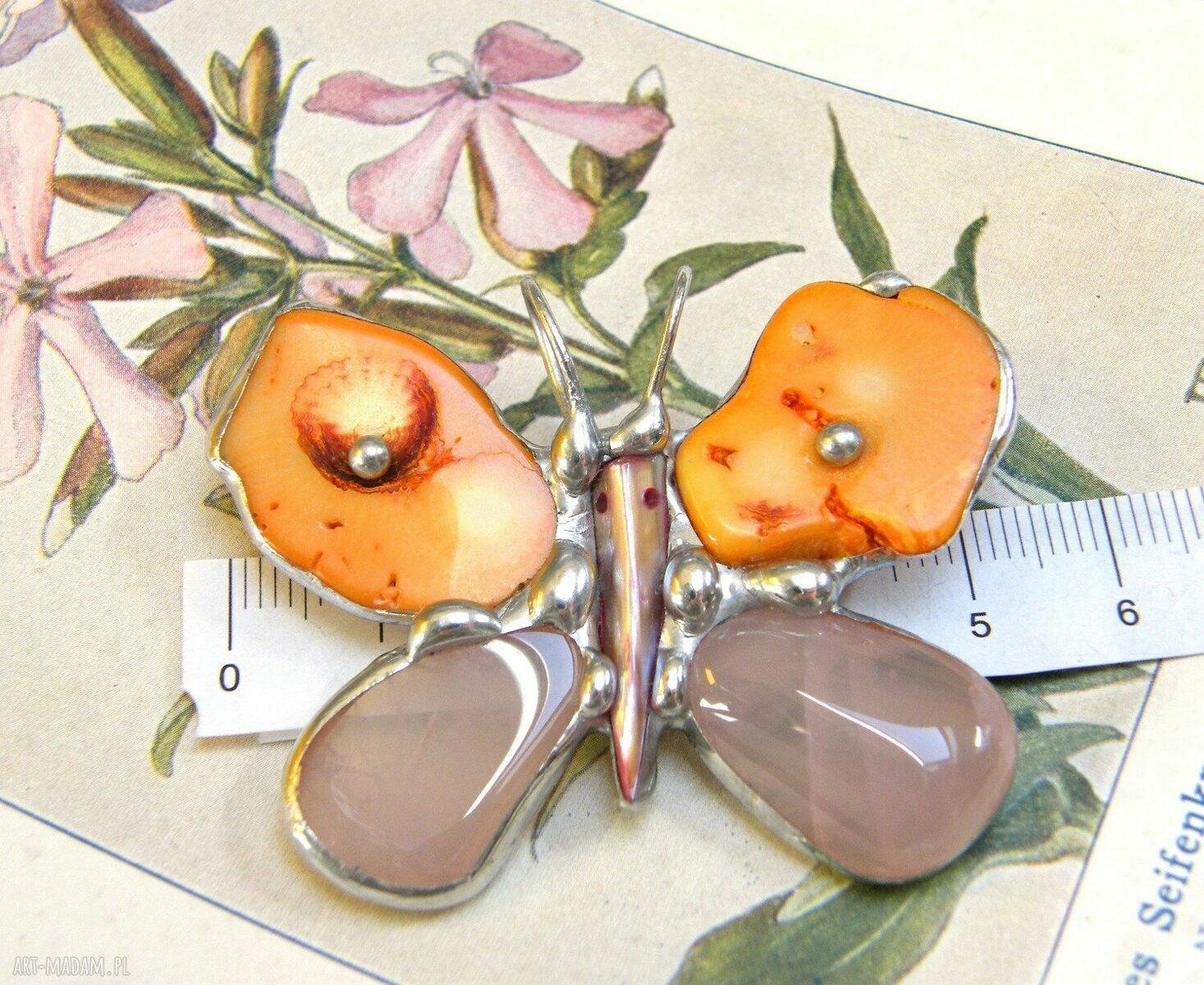 Broszka i wisior 2w1 Motyl z koralowca i kwarcu różowego Tiffany