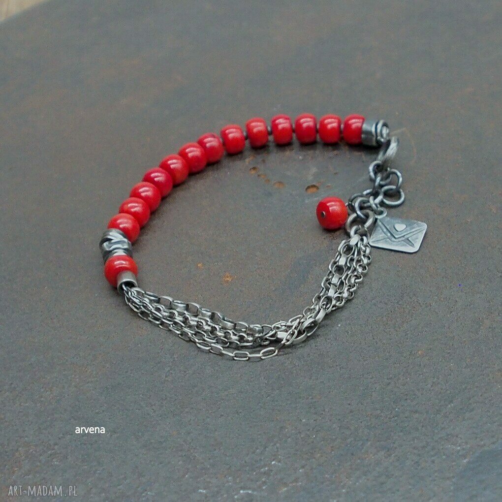 Bransoletka z korala czerwonego 030 - srebro oksydowane pr. 925, regulowana 16,5-18,5 cm