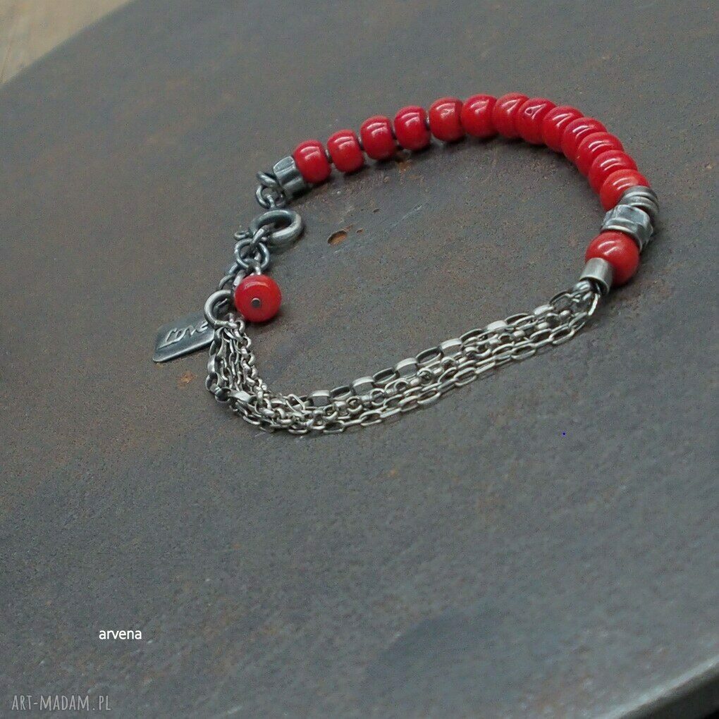 Bransoletka z korala czerwonego 030 - srebro oksydowane pr. 925, regulowana 16,5-18,5 cm