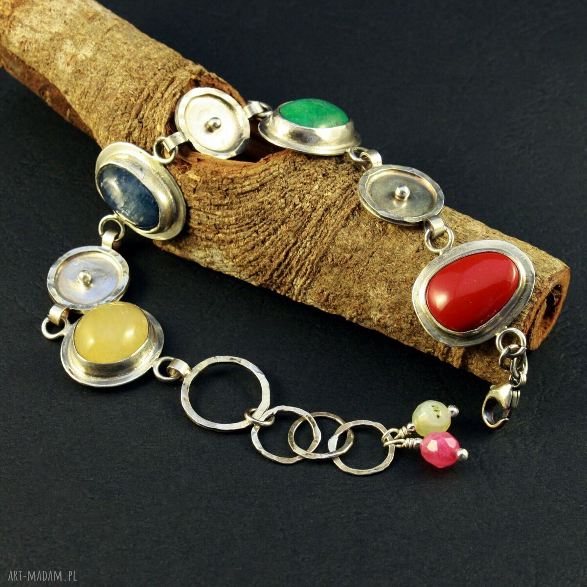 Srebrna bransoletka handmade z koralem, turkusem i kyanitem - Koral, turkus i gorące lato