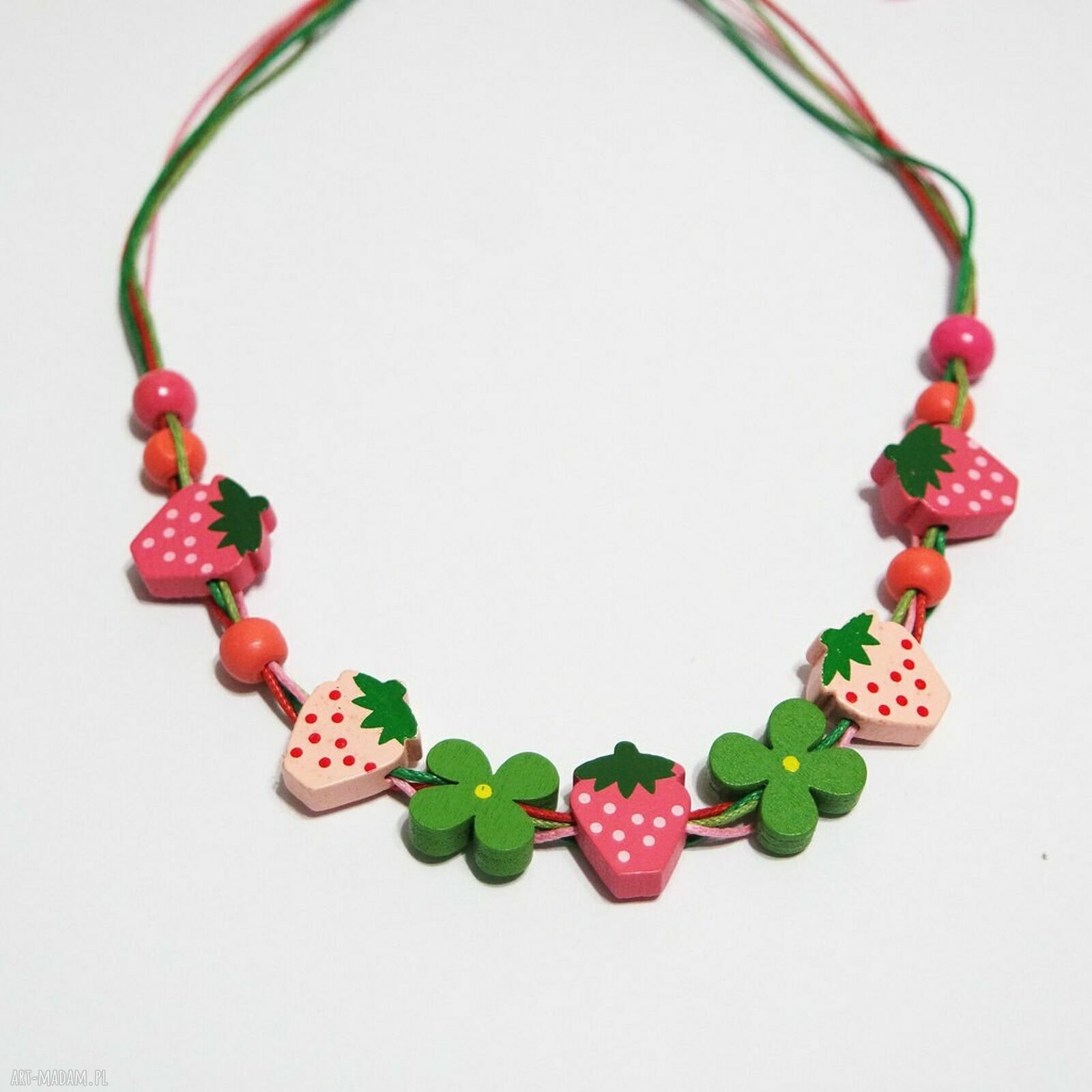 Drewniane korale - Poziomki i kwiaty dla dziewczynki krótkie, handmade