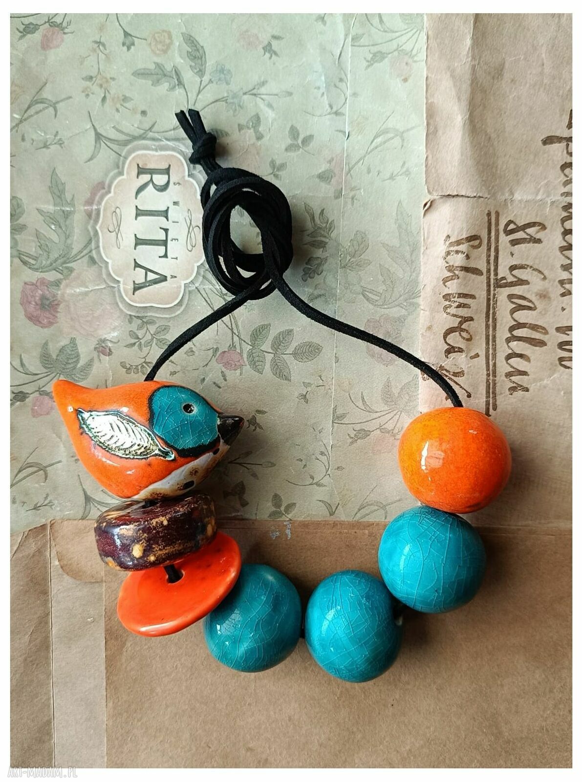 Korale turkusowo-pomarańczowe z ptaszkiem - ceramika handmade