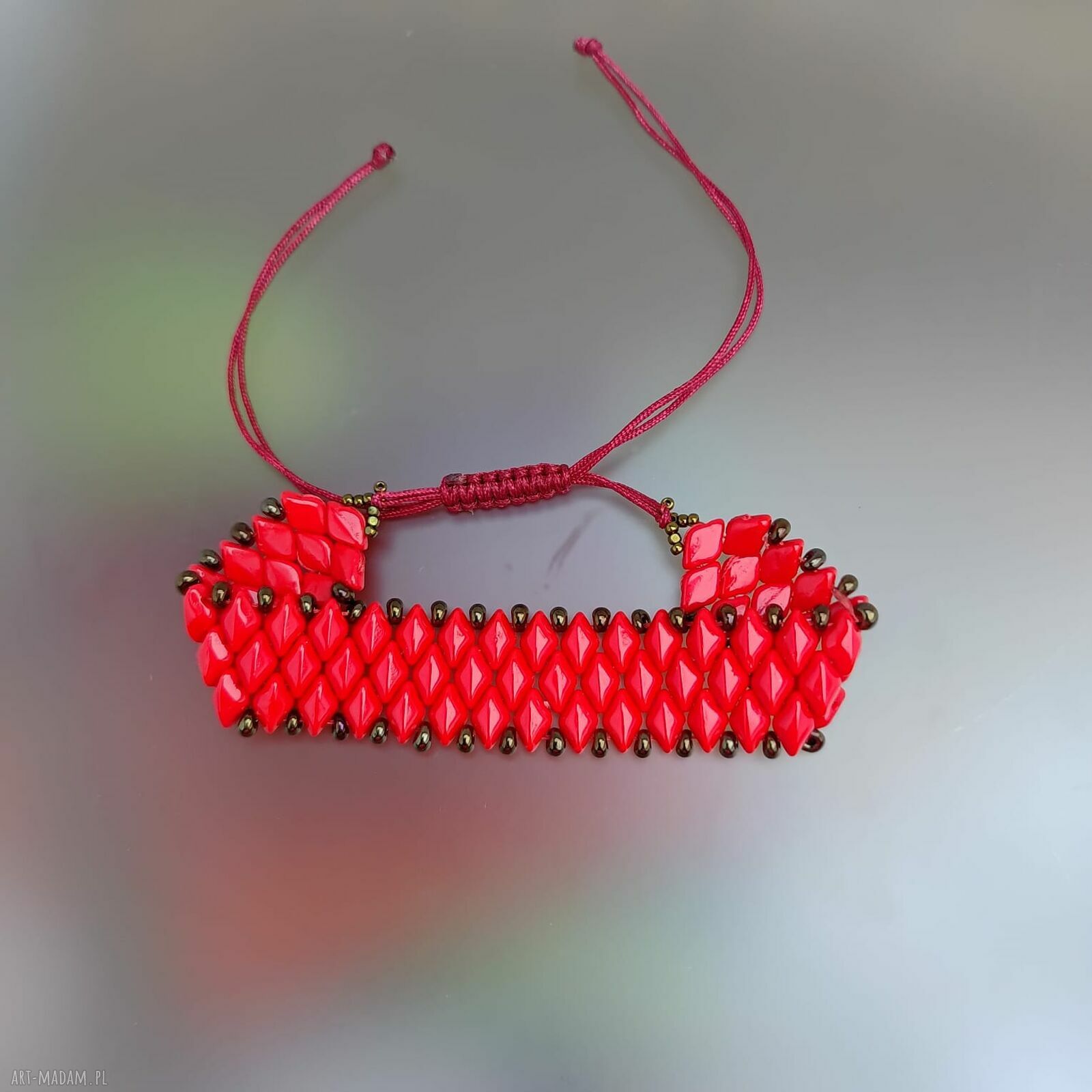 Bransoletka z koralików GemDuo - intensywna czerwień i złoto, szeroki cuff (handmade)
