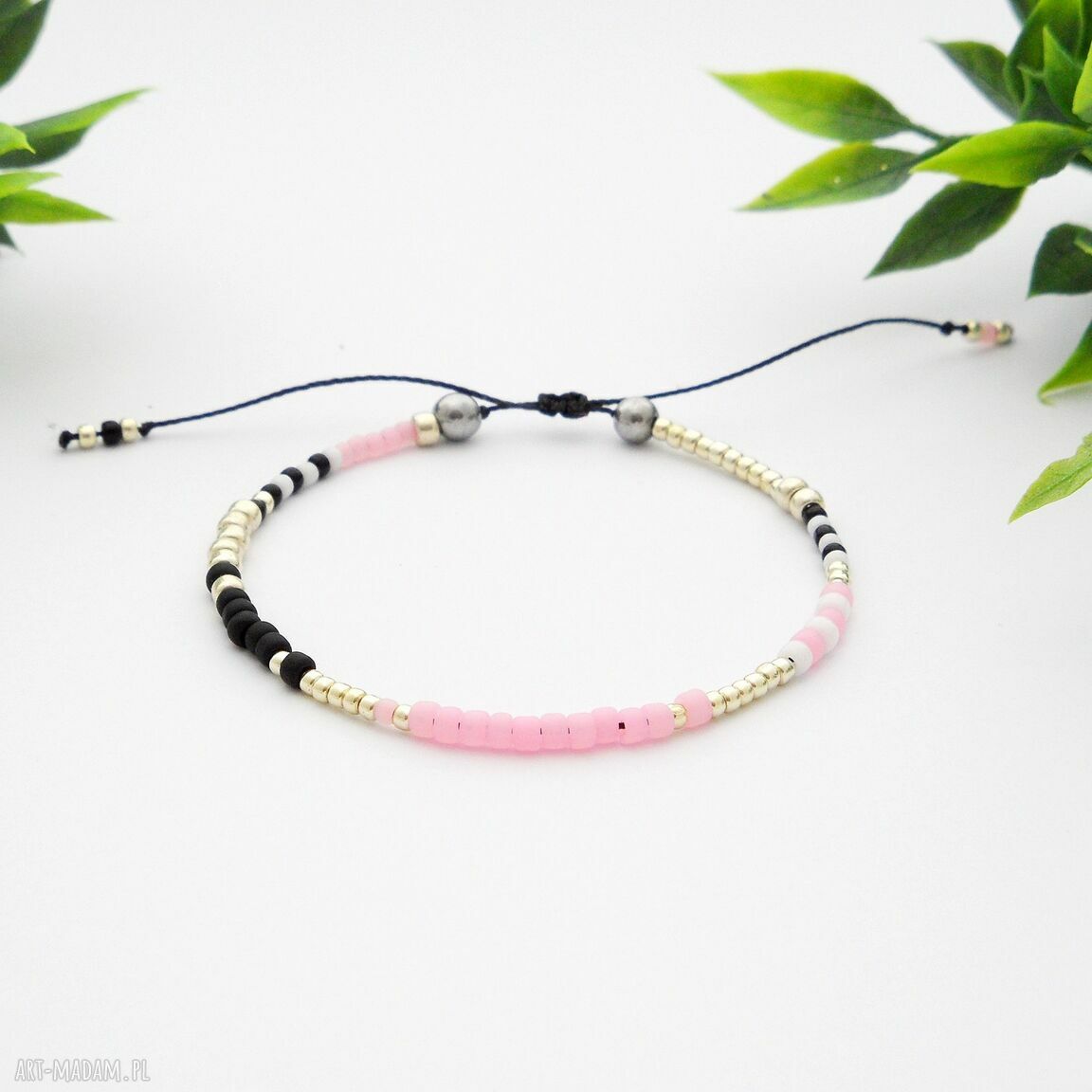 Różowo-srebrna bransoletka koralikowa Minimal Hematite - handmade 14-16 cm