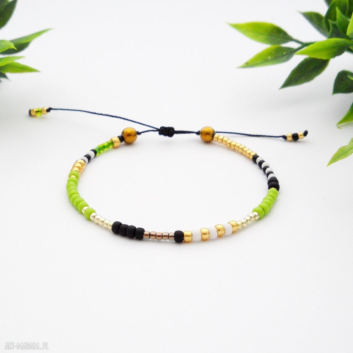 Bransoletka koralikowa Minimal Hematite Green and Gold - delikatna z hematytem