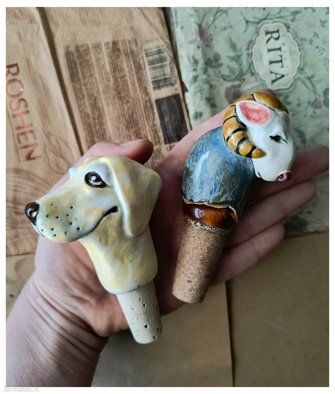 Korek do wina z ceramiki: Labrador i Baran handmade