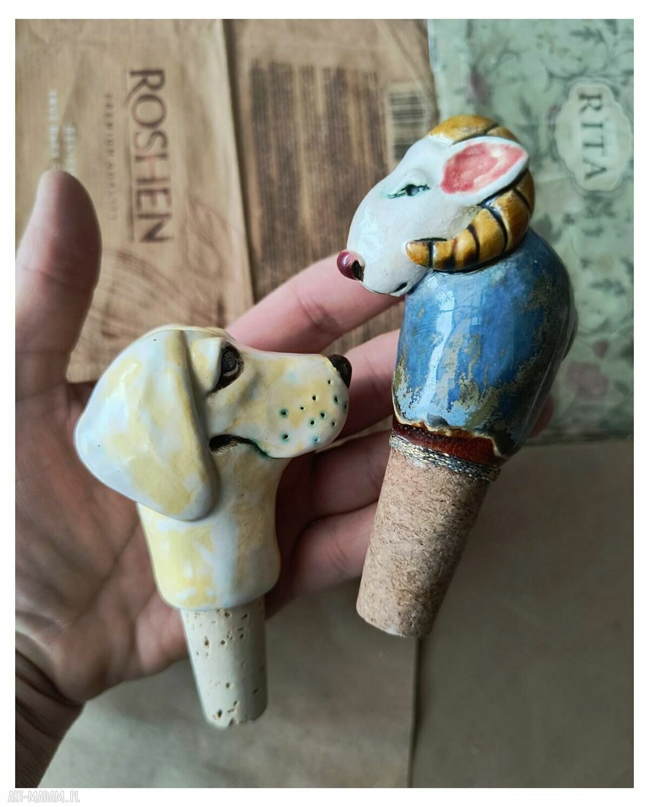 Korek do wina z ceramiki: Labrador i Baran (handmade)