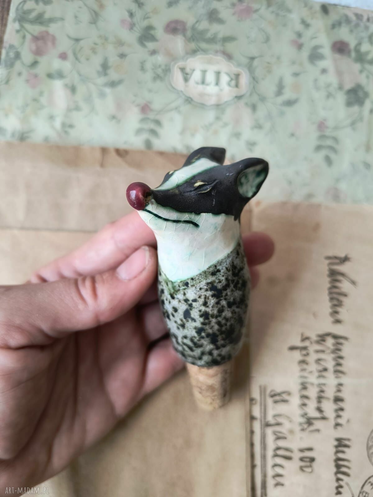 Korek do wina z ceramicznym borsukiem - vintage handmade