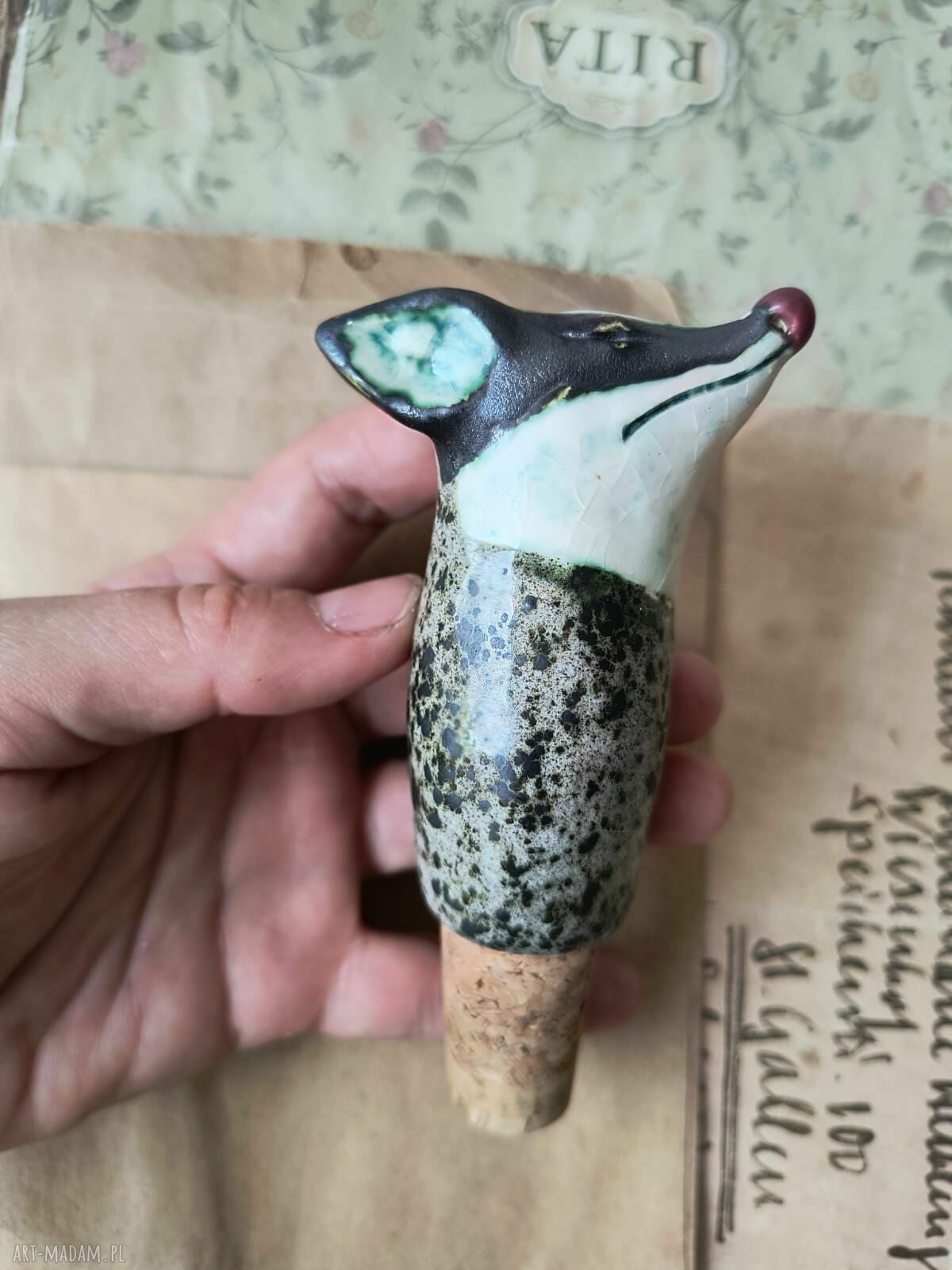 Korek do wina z ceramicznym borsukiem - vintage handmade