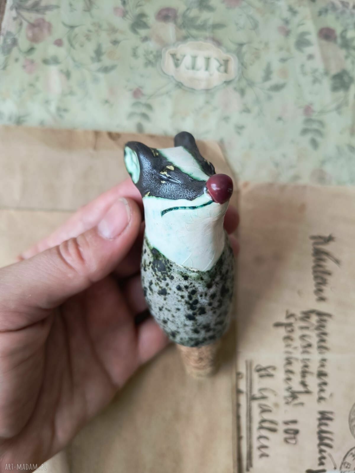Korek do wina z ceramicznym borsukiem - vintage handmade