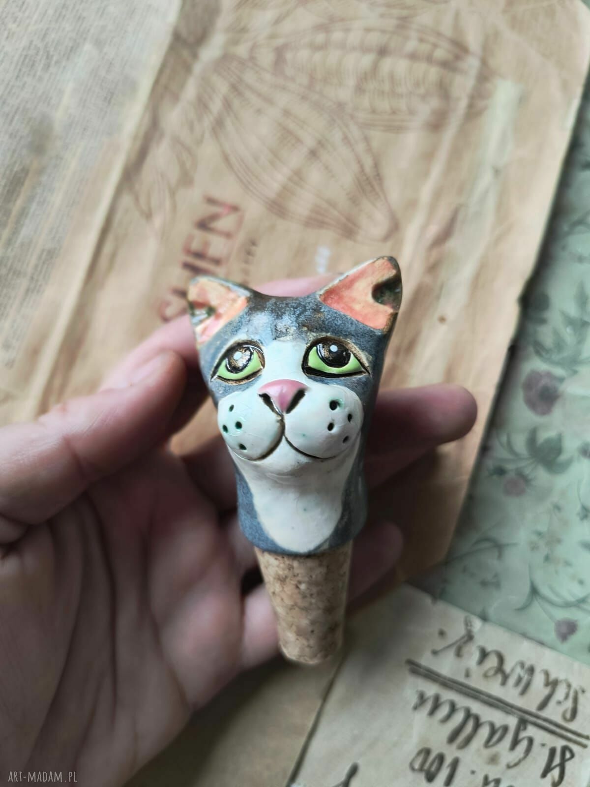 Korek do wina szary kot - ceramiczna zatyczka vintage