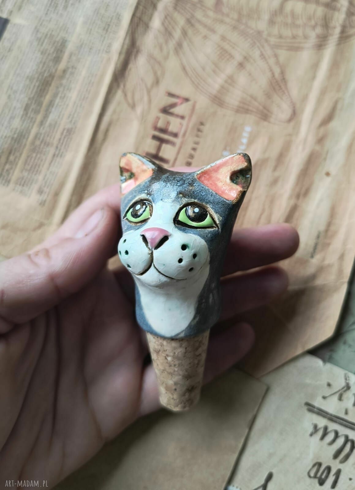 Korek do wina szary kot - ceramiczna zatyczka vintage