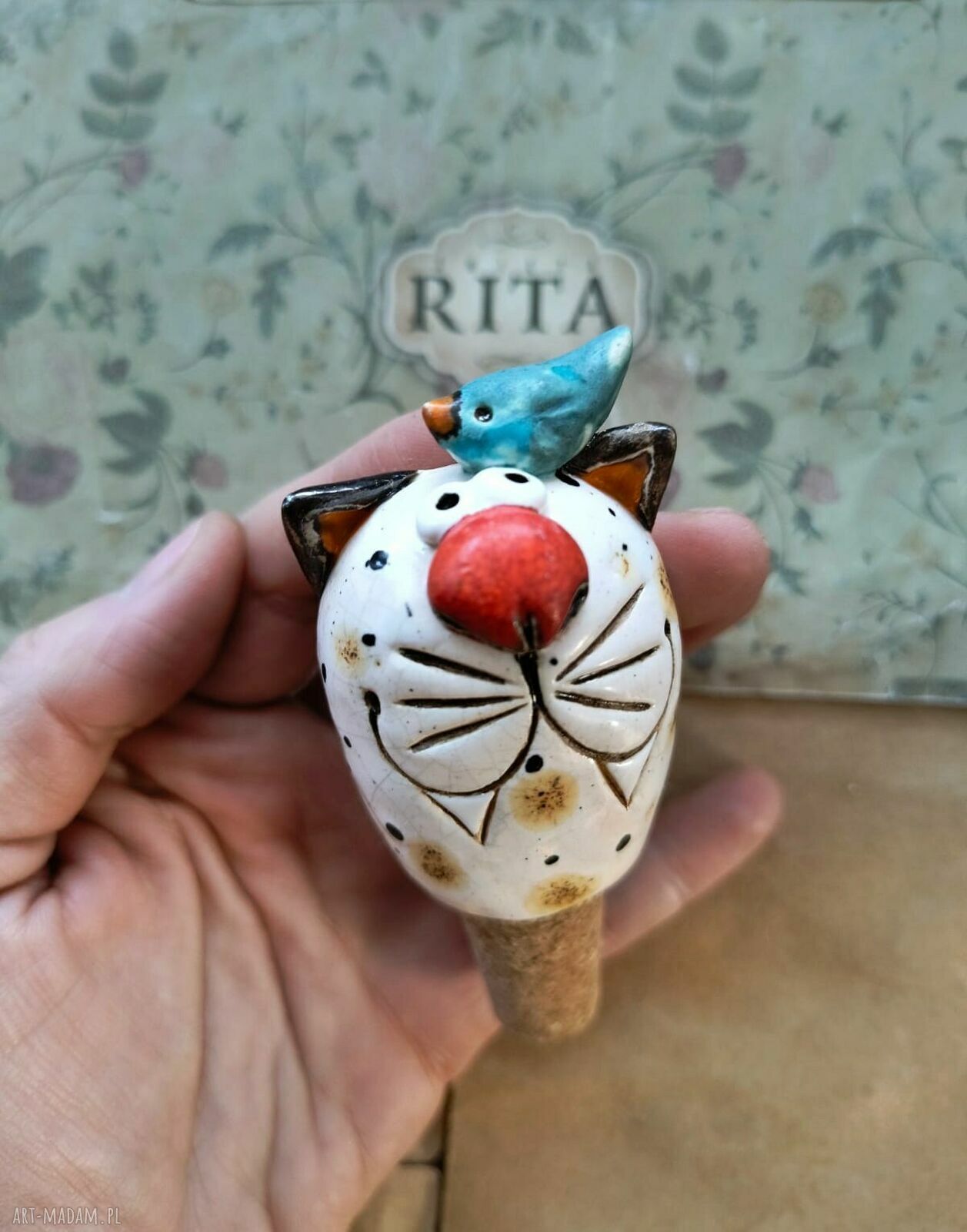 Korek do wina z ceramicznym kotem - ręcznie robiony dodatek vintage