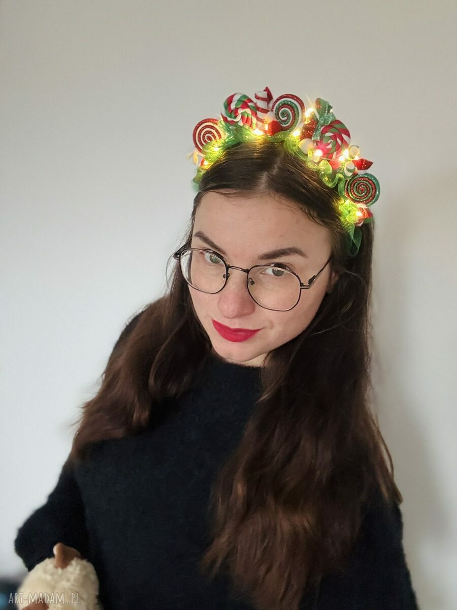 Świąteczna opaska Candyland z ręcznie robionymi cukierkami - korona na głowę
