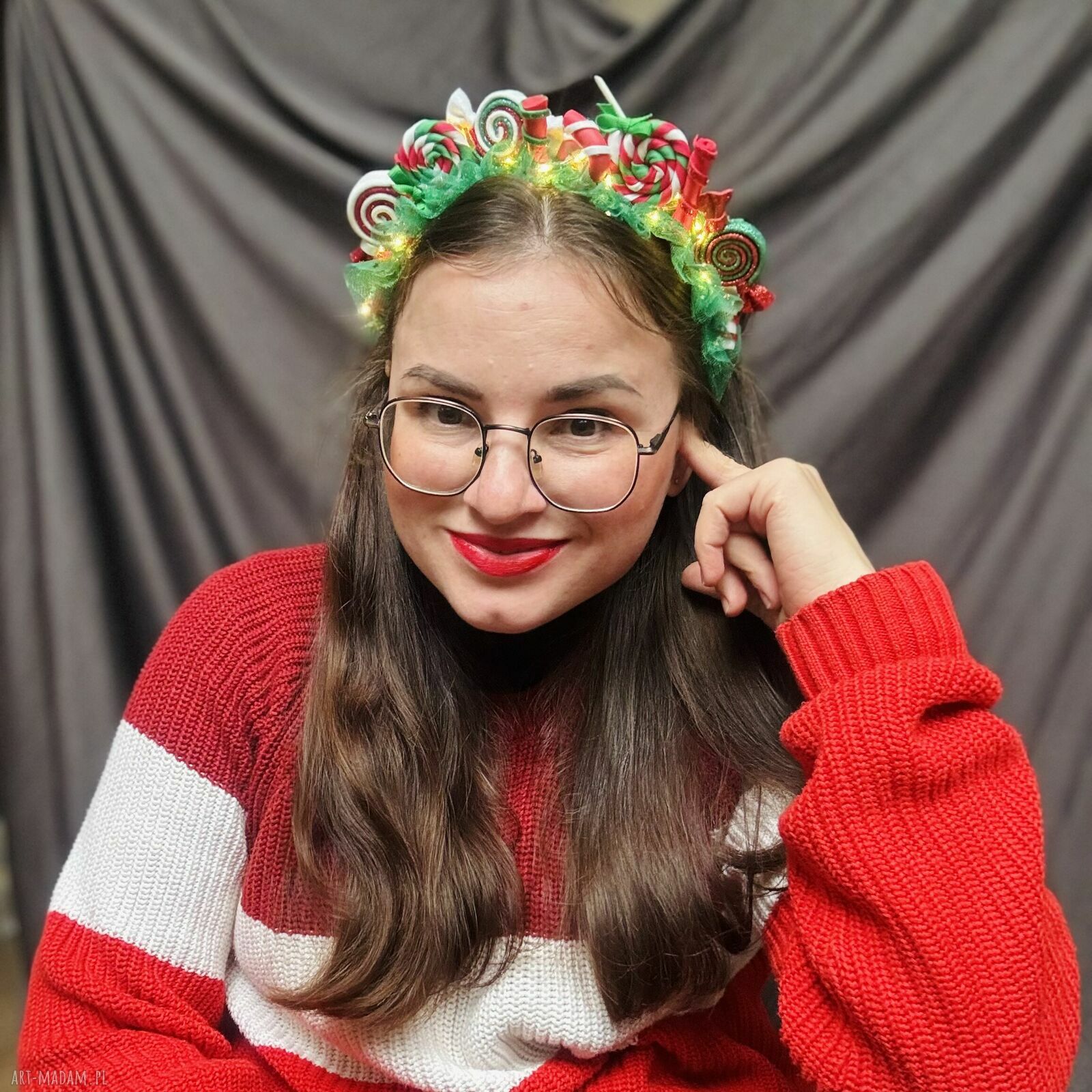 Świąteczna opaska Candyland z ręcznie robionymi cukierkami - korona na głowę