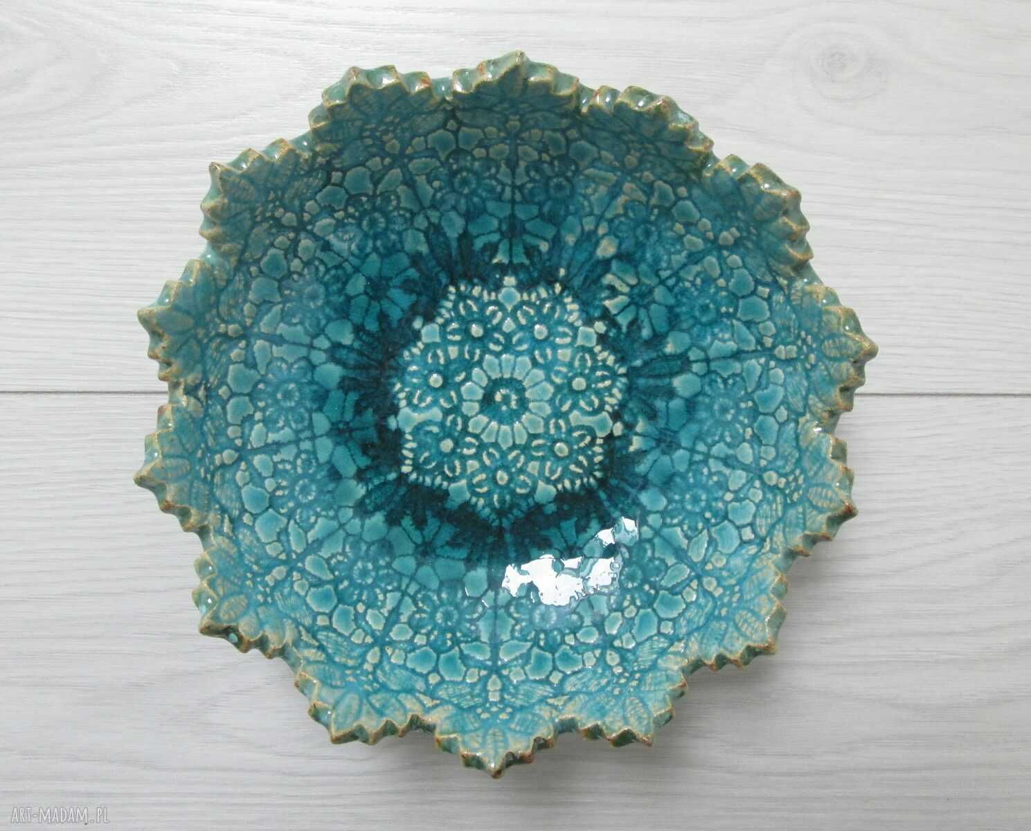 Koronkowa miseczka ceramiczna z odbiciem koronki turkusowa
