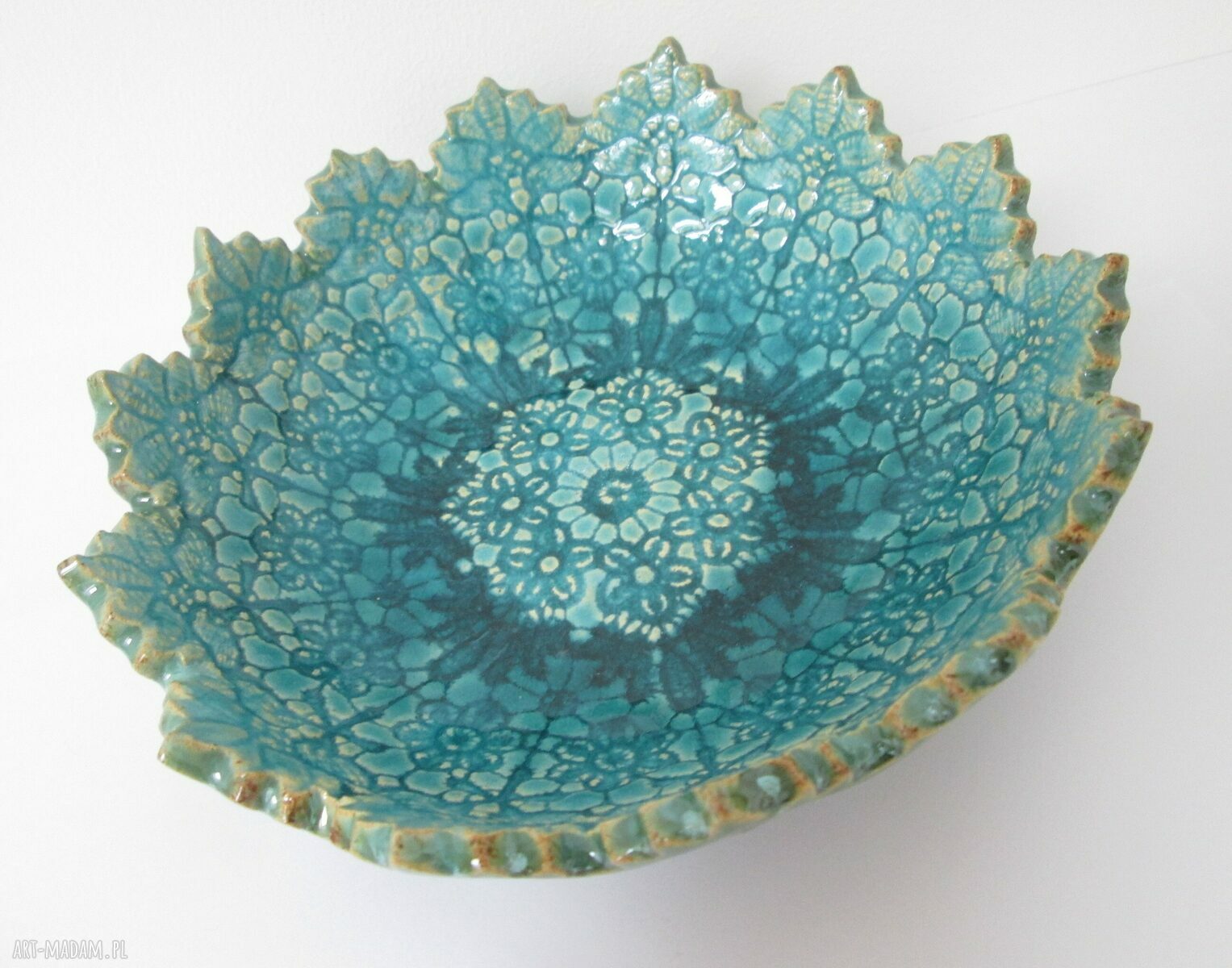 Koronkowa miseczka ceramiczna z odbiciem koronki (turkusowa)
