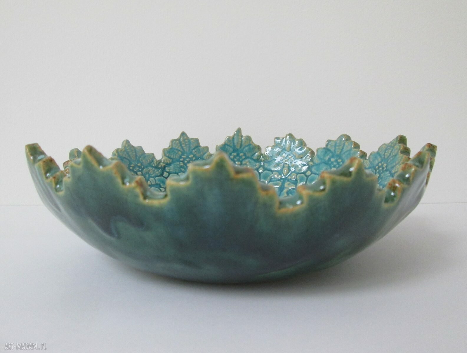 Koronkowa miseczka ceramiczna z odbiciem koronki (turkusowa)