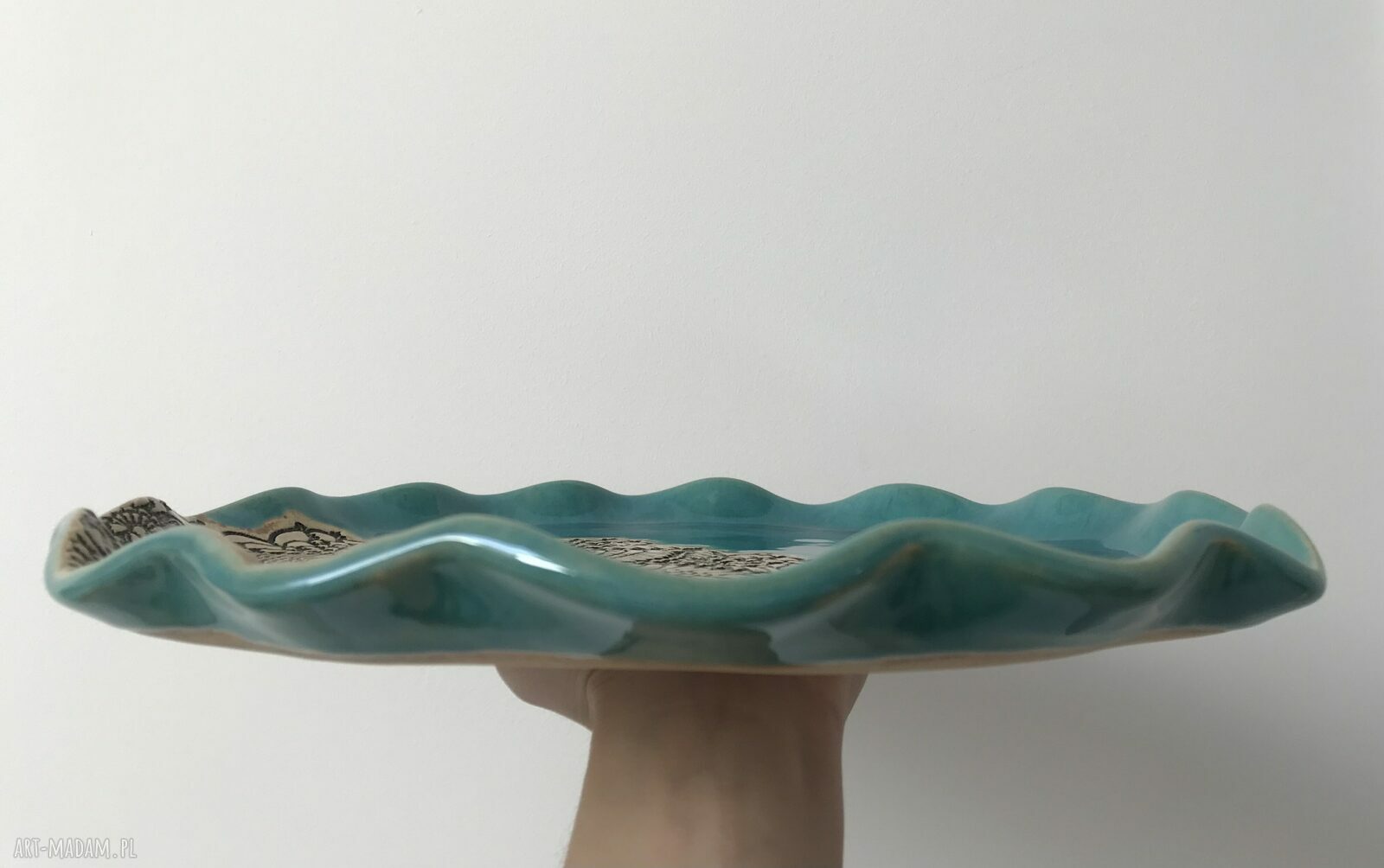 Koronkowa patera z turkusem - ceramiczny talerz folkowy