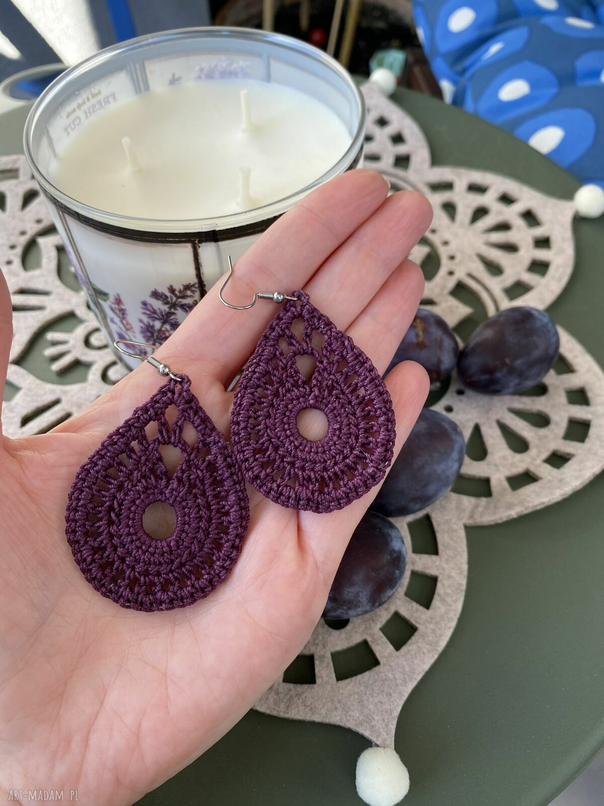Śliwkowe koronkowe kolczyki łezki handmade
