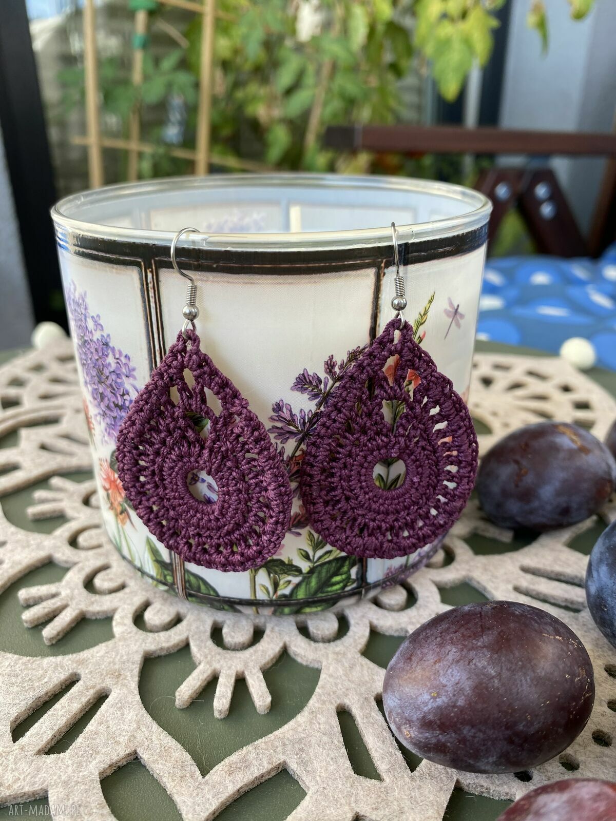 Śliwkowe koronkowe kolczyki łezki handmade