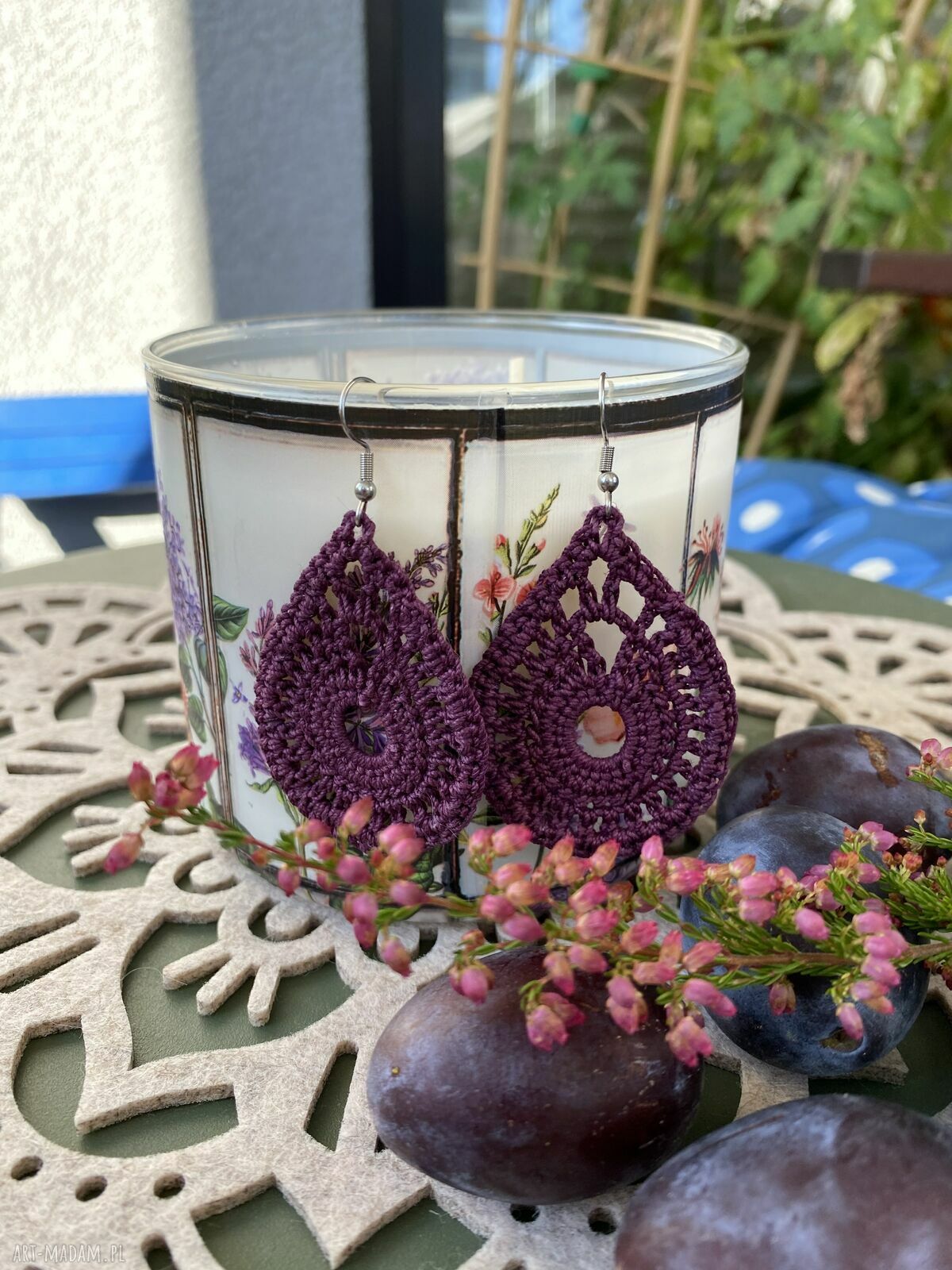 Śliwkowe koronkowe kolczyki łezki handmade