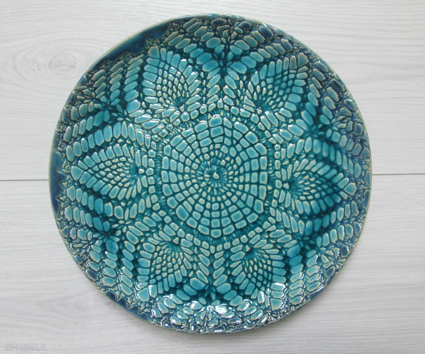 Koronkowy dekoracyjny talerz ceramiczny - turkusowa patera
