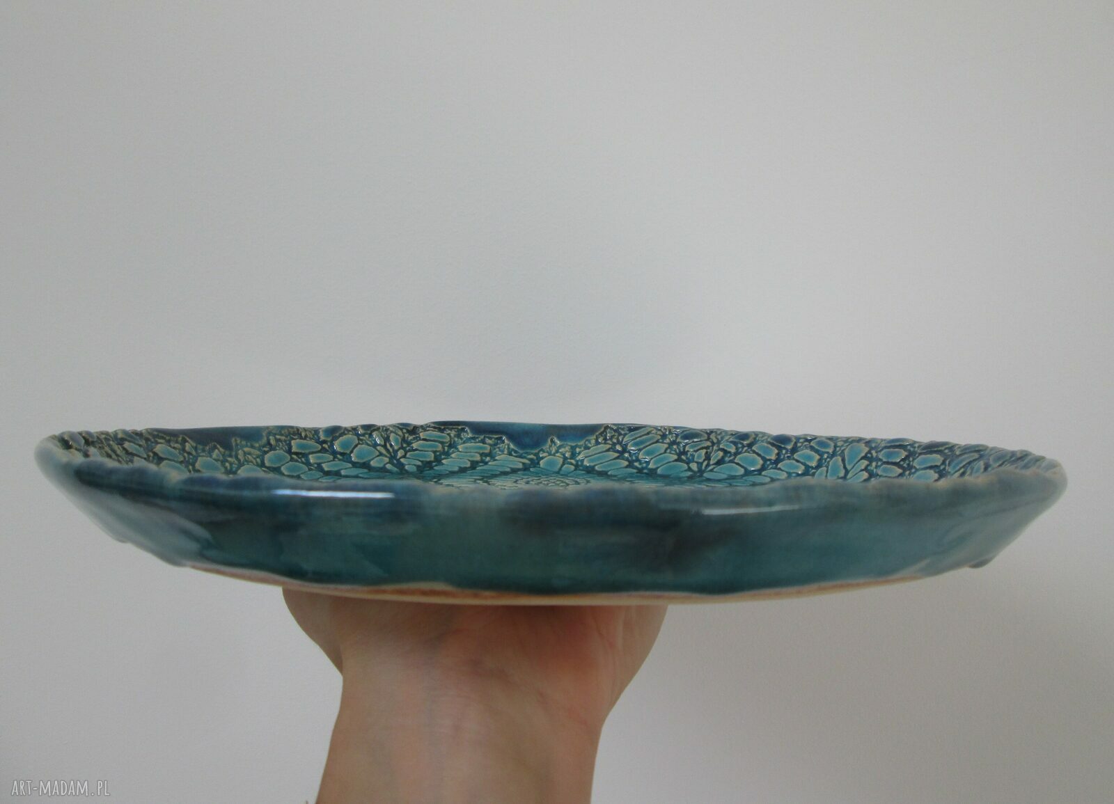 Koronkowy dekoracyjny talerz ceramiczny - turkusowa patera