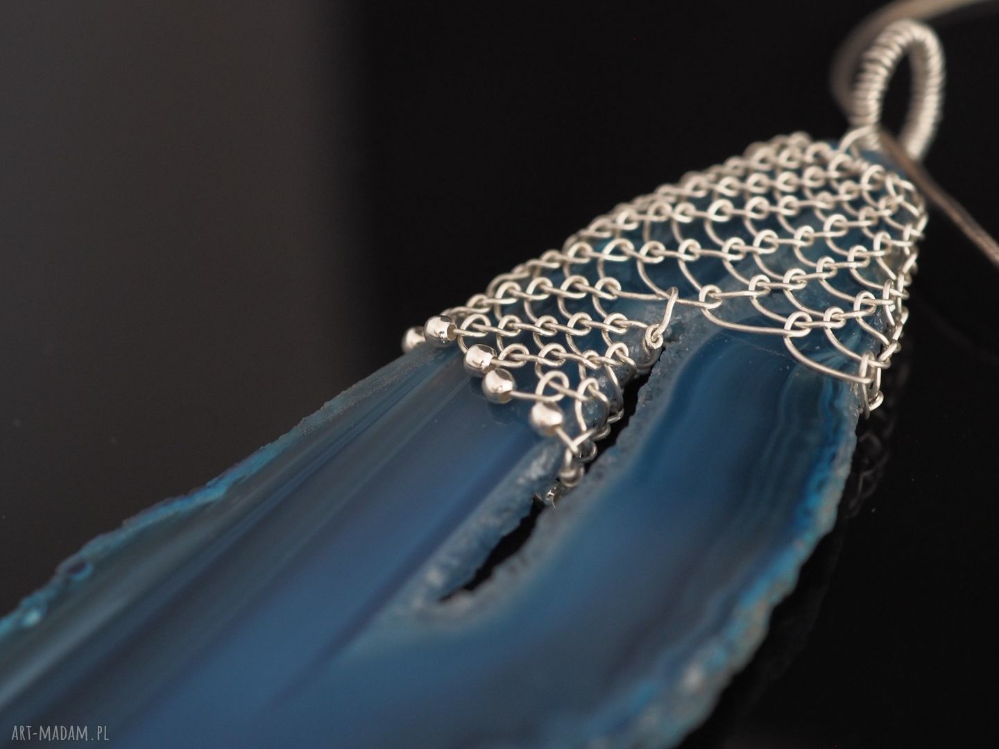 Koronkowy wisior z niebieskim agatem - srebro 925, ręczne wykonanie Jachyra Jewellery